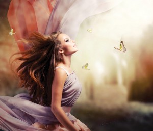 Beautiful Girl in Fantasy Mystical and Magical Spring Garden